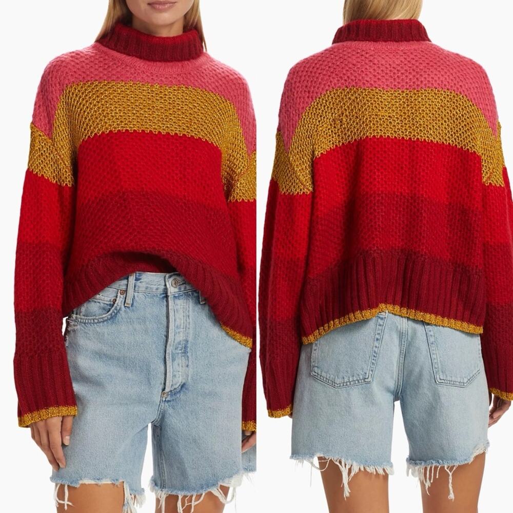 Farm Rio Red Multicolor Shiny Stripe Knit Turtleneck Sweater